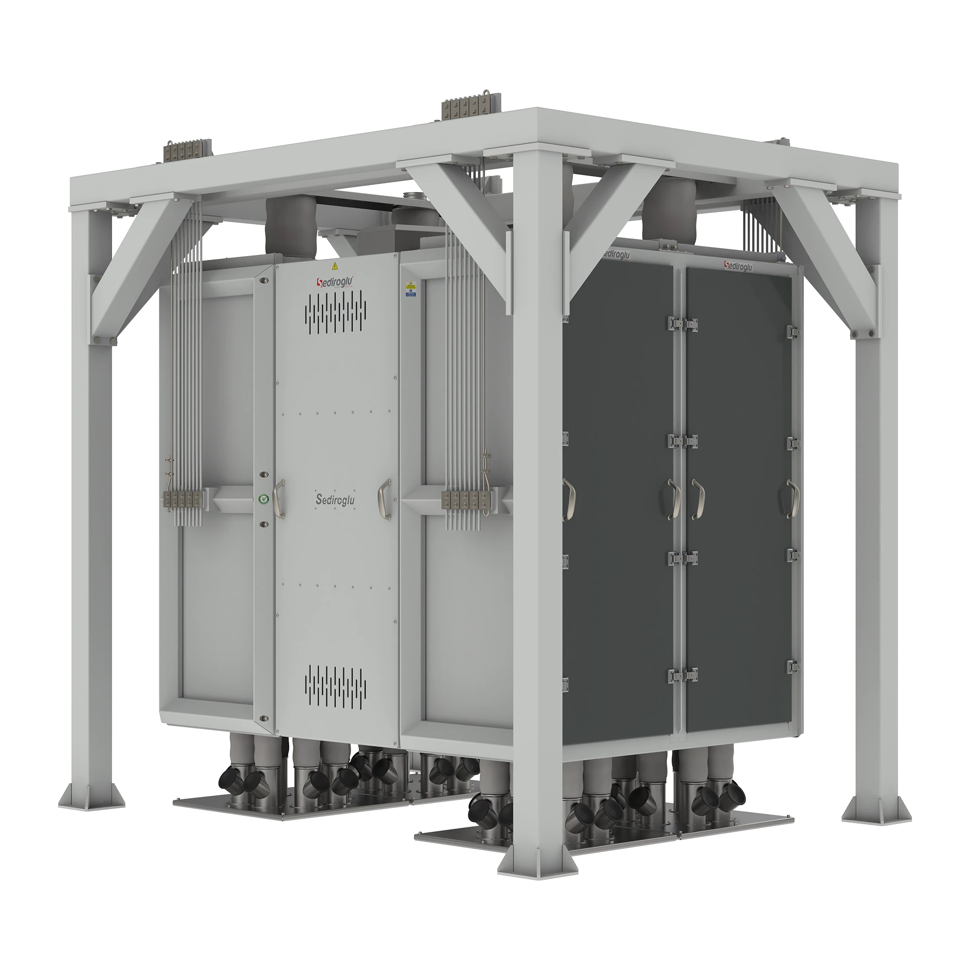Heavy-duty leg construction of the Quadro Plansifter providing structural stability and vibration absorption. Designed for secure installation in high-capacity milling plants.