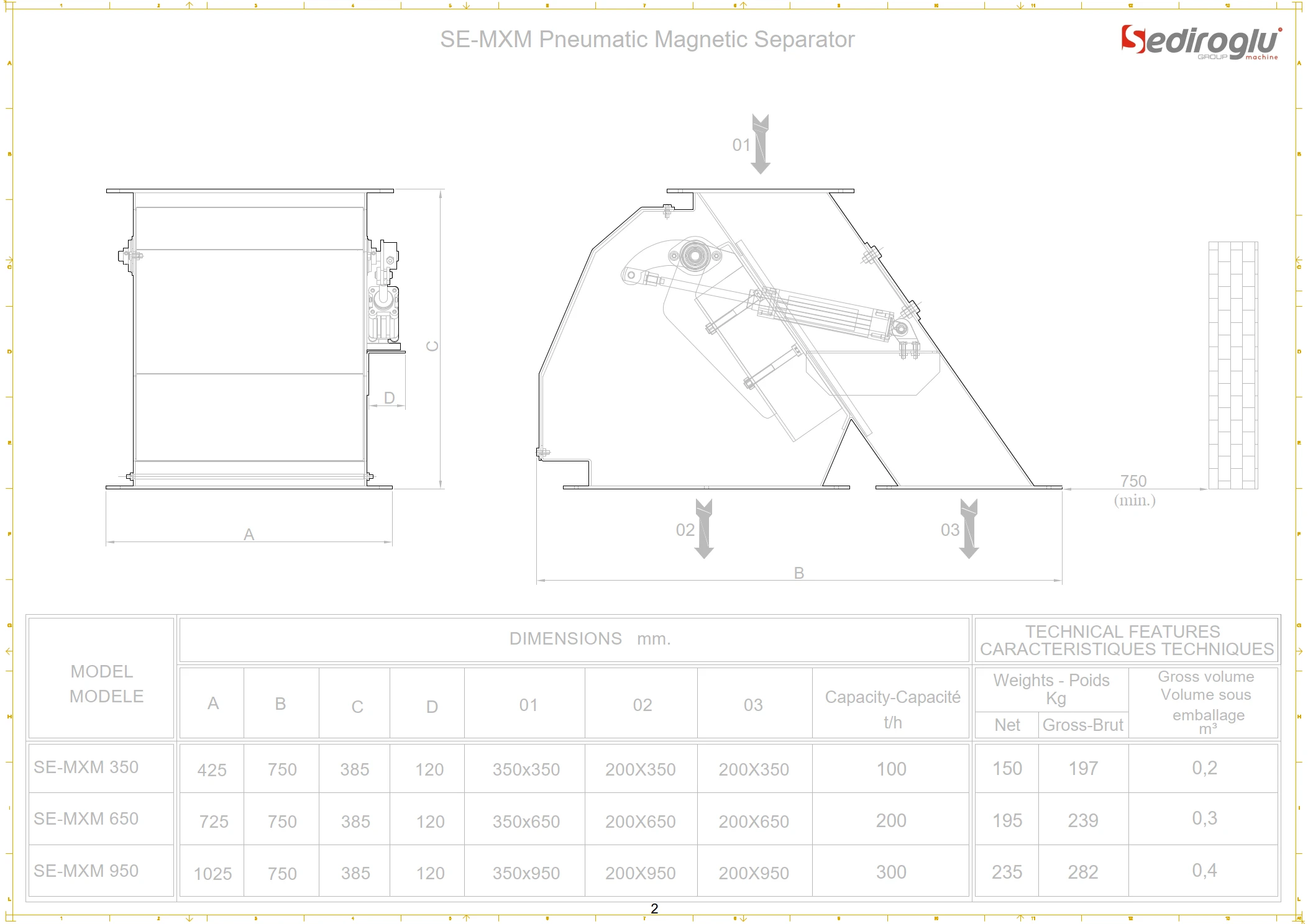 Pneumatic Magnetic Separator – 300 Ton Technical Specifications Table – Sediroglu Group