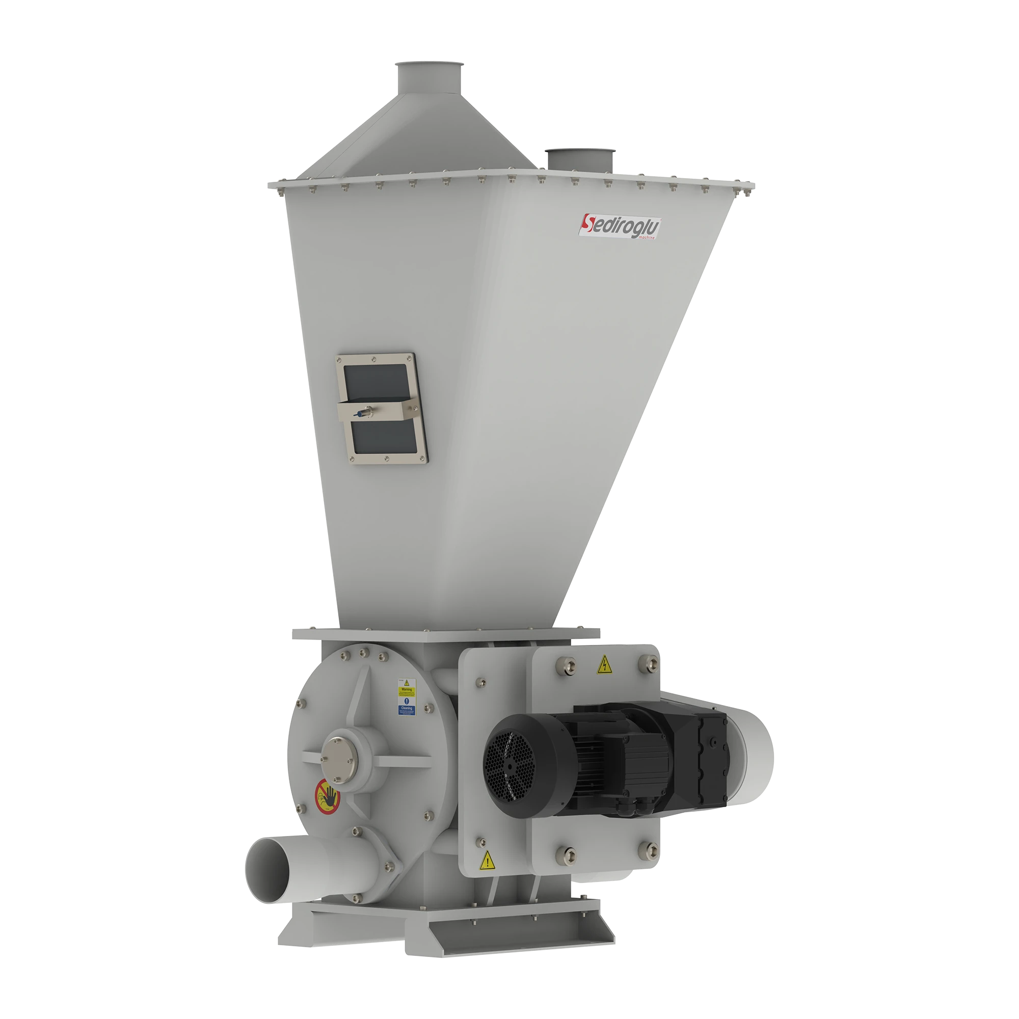 Rotary airlock installed in recycling facilities for controlled transfer of processed granular materials.