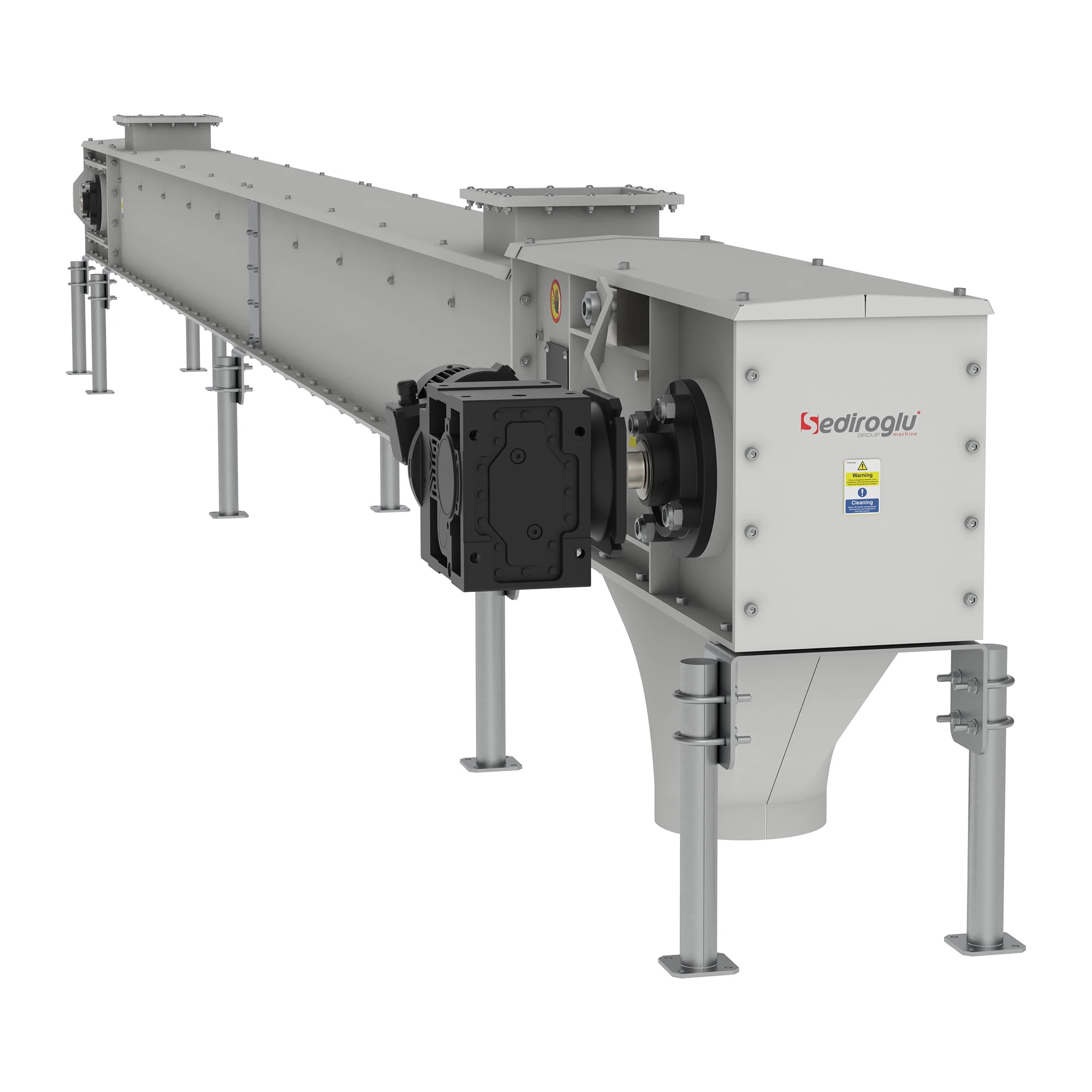 SE-CC-50 conveyor in bran handling plants, featuring heavy-duty steel frame and easy maintenance.