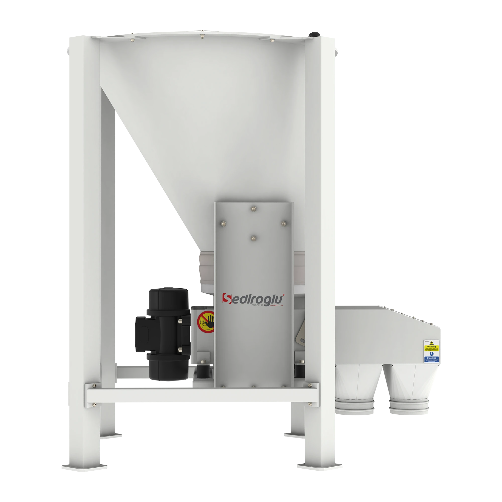 Transparent inspection cover allows easy monitoring of material flow.