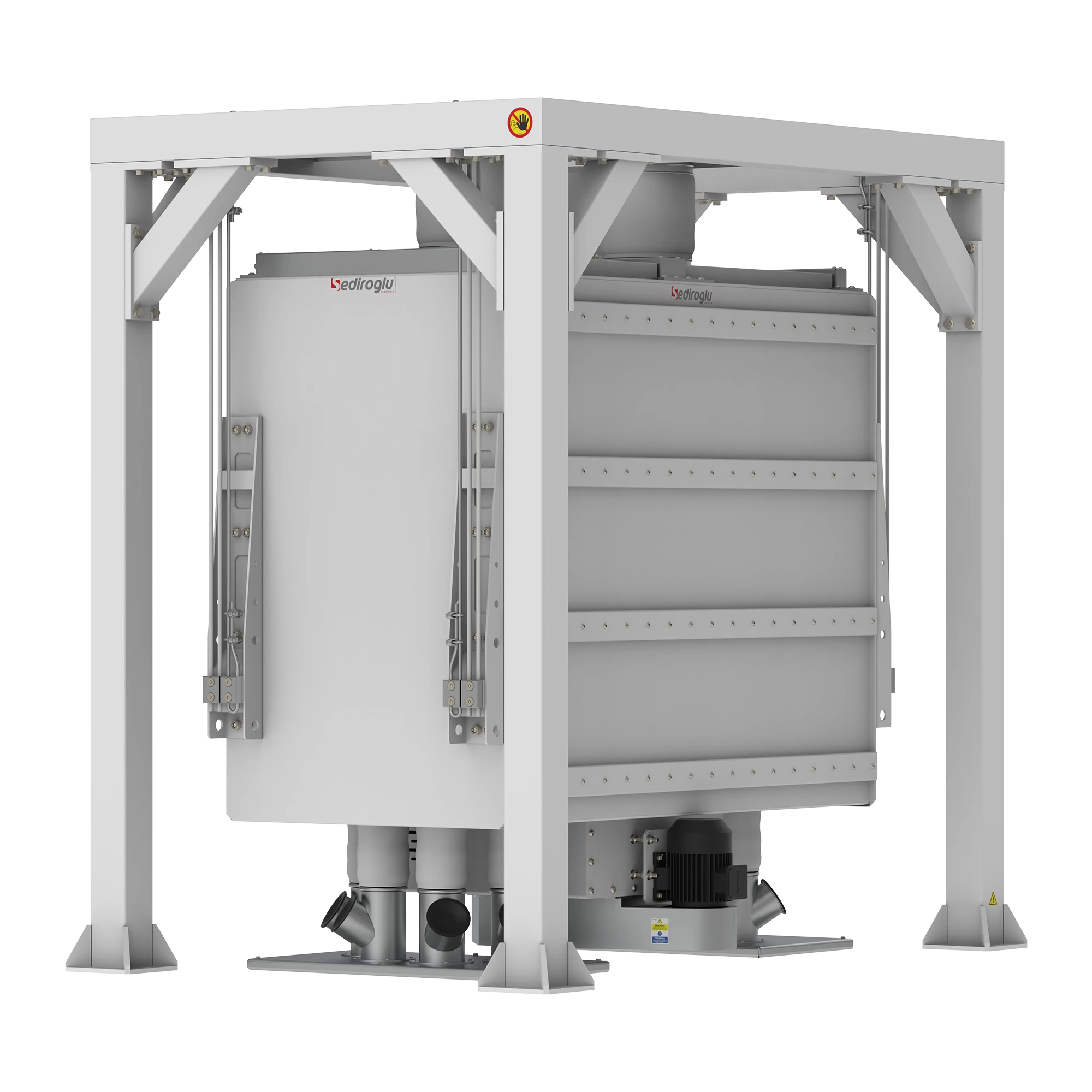 Protective motor covers safeguarding vibration motors while allowing easy maintenance access in cereal and grain processing plants.