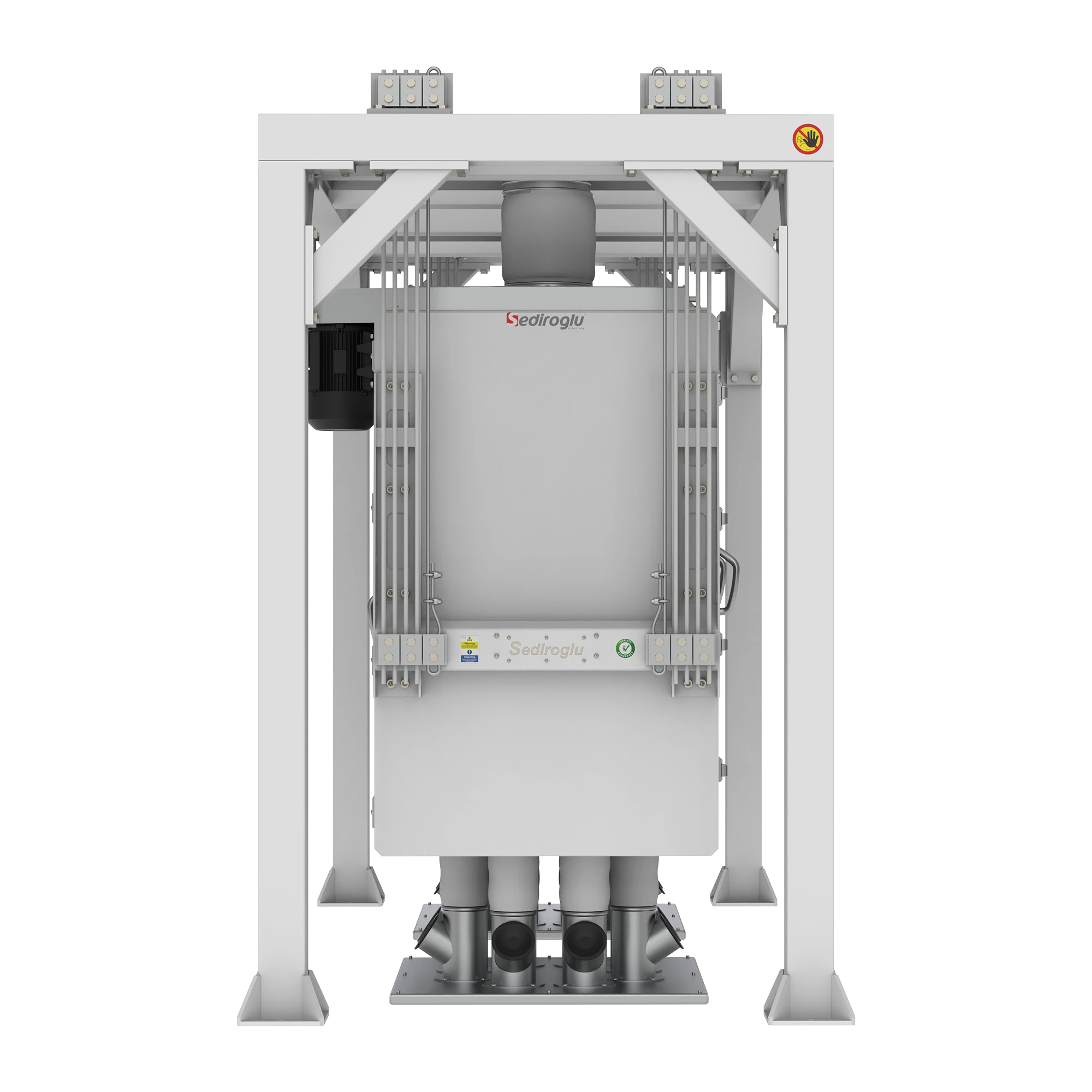Transparent inspection cover allowing safe and quick visual control during sifting operations in food plants.