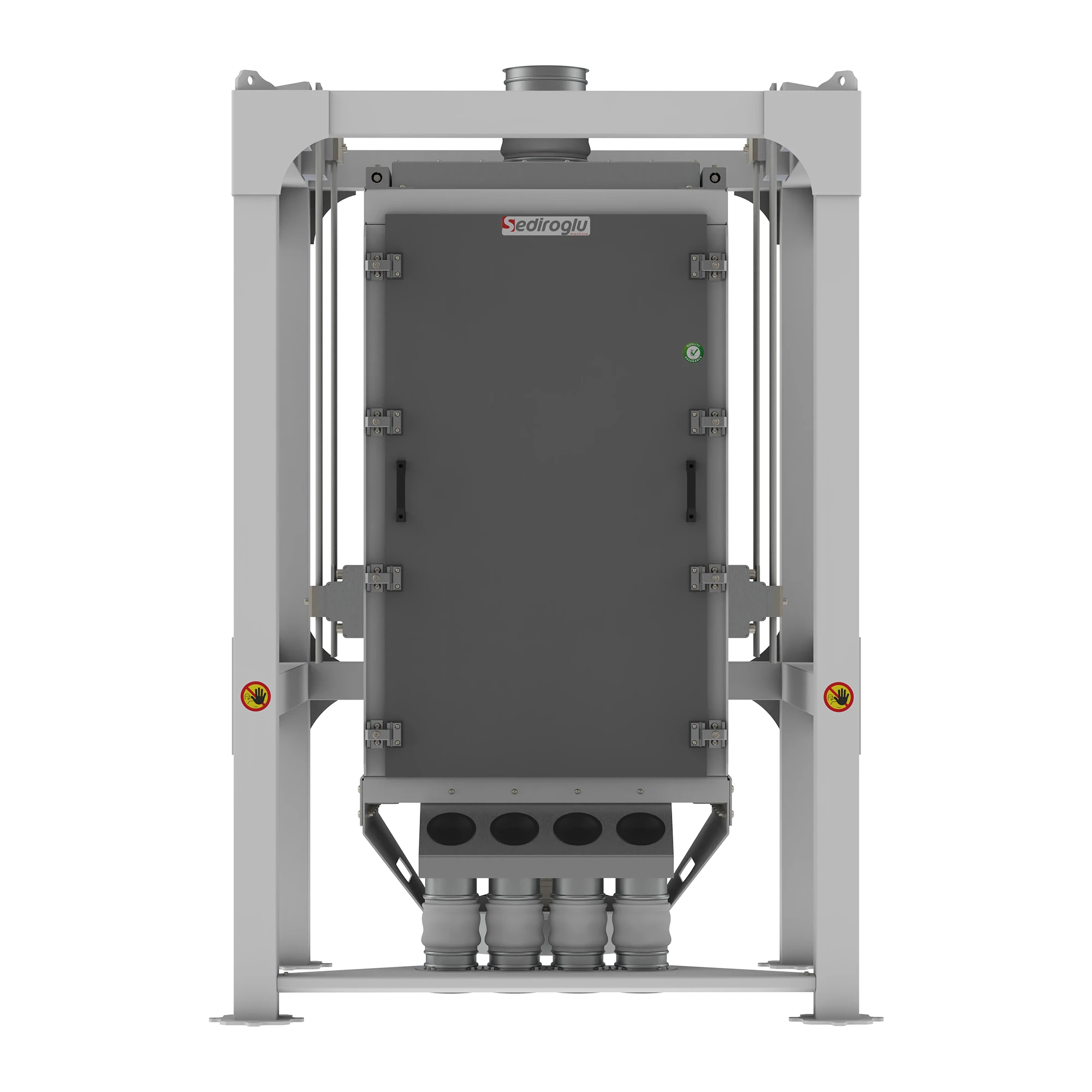 Technical dimensions table with overall size, inlet/outlet measurements, and weight for installation planning.