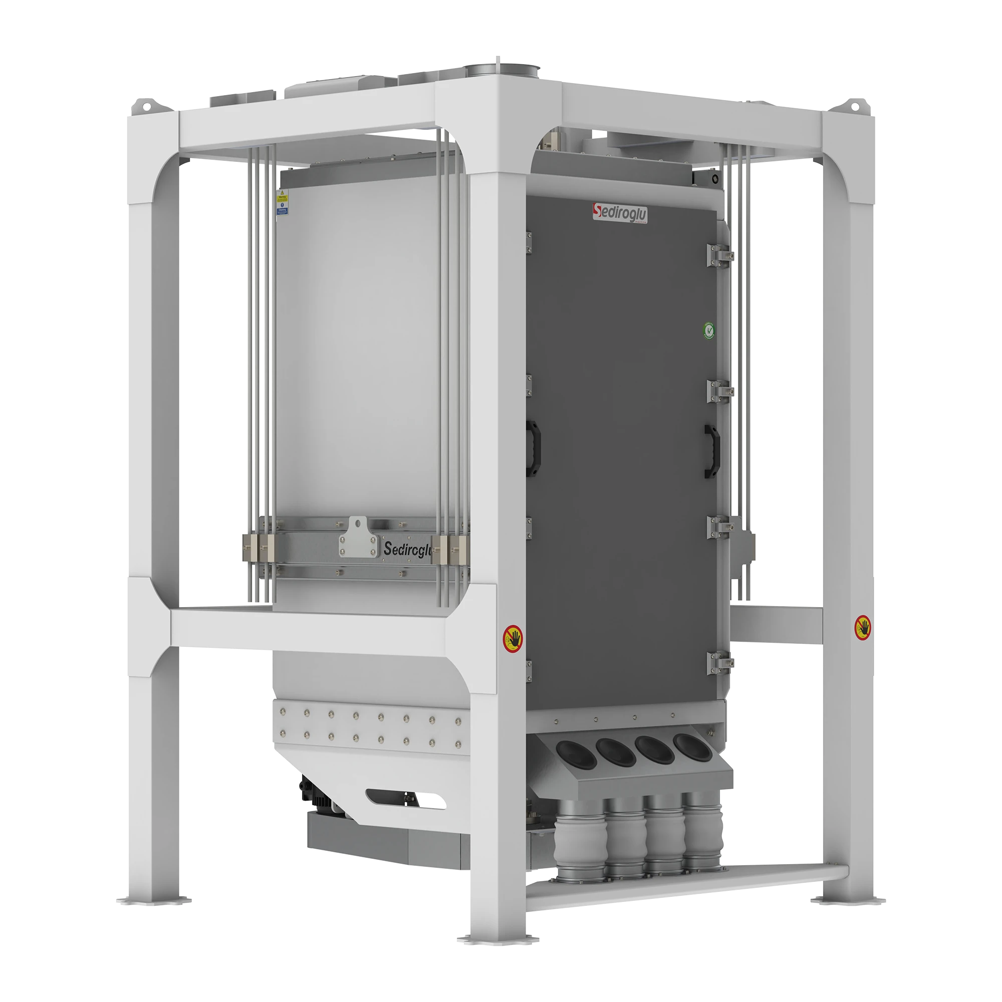 Technical specifications table detailing SE-SCS 74/10 capacity, motor power, vibration frequency, and mesh size options.