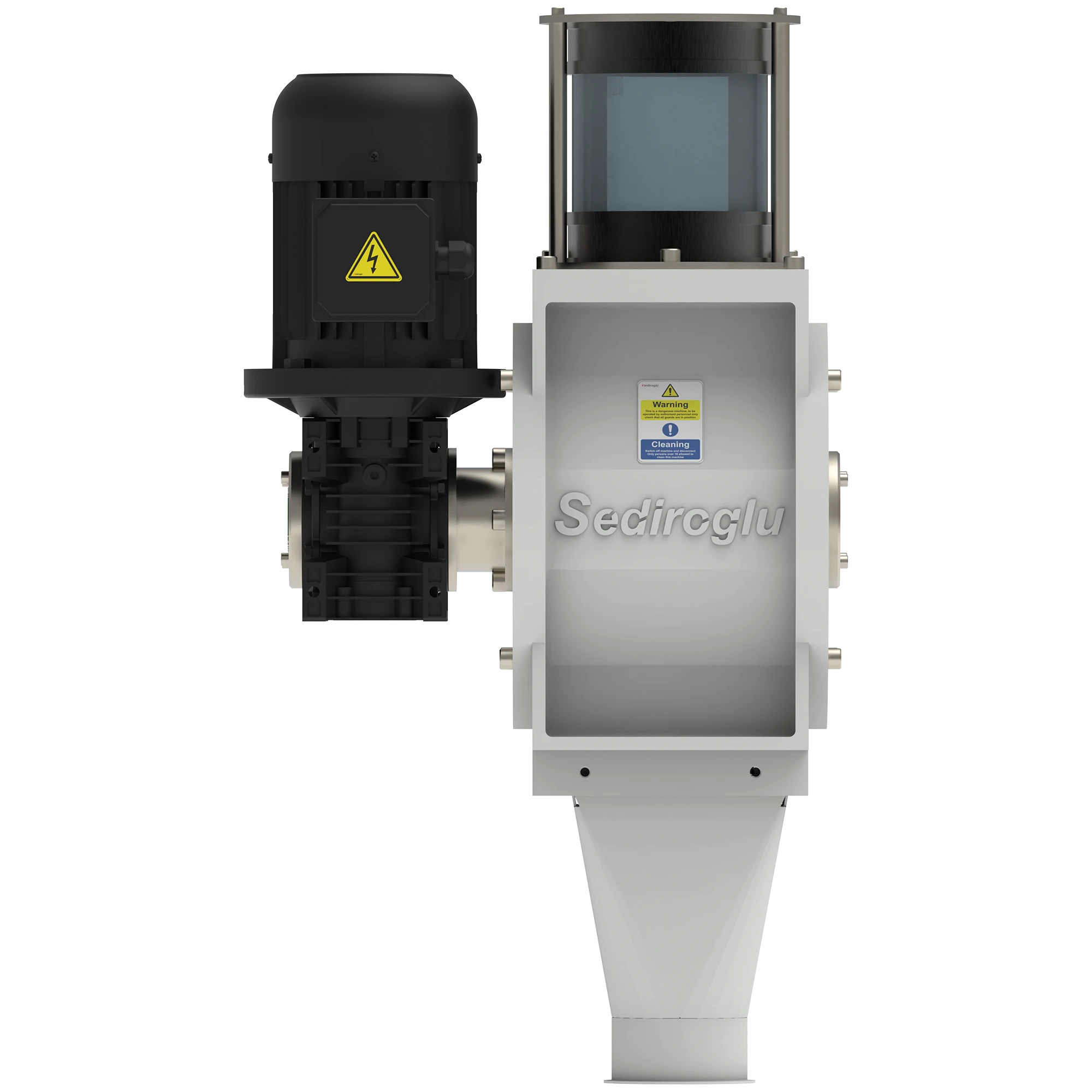 Heavy-duty airlock valve used in a feed production plant for stable bulk material handling.