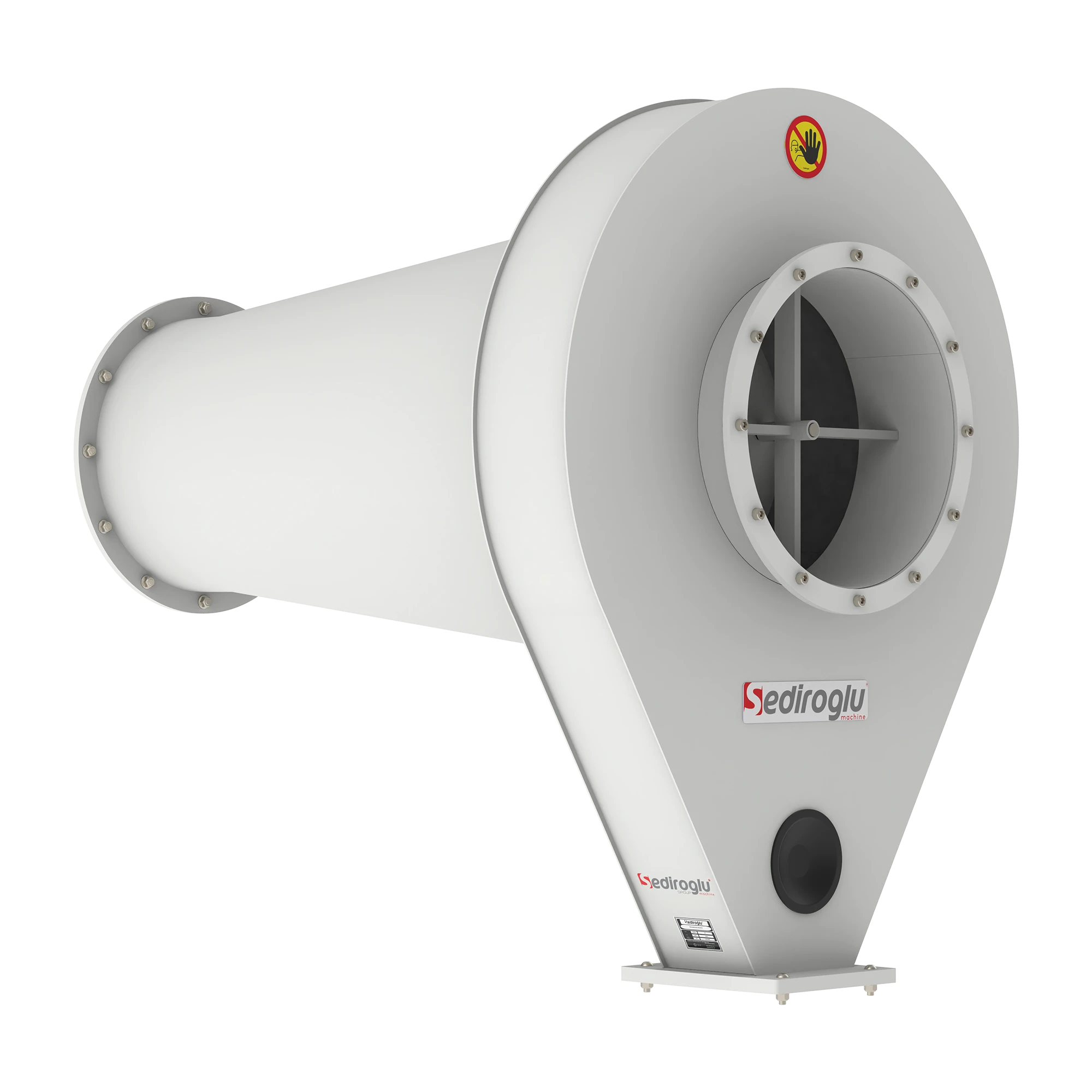 Tangential inlet connection for dust-laden air entry in grain processing lines.