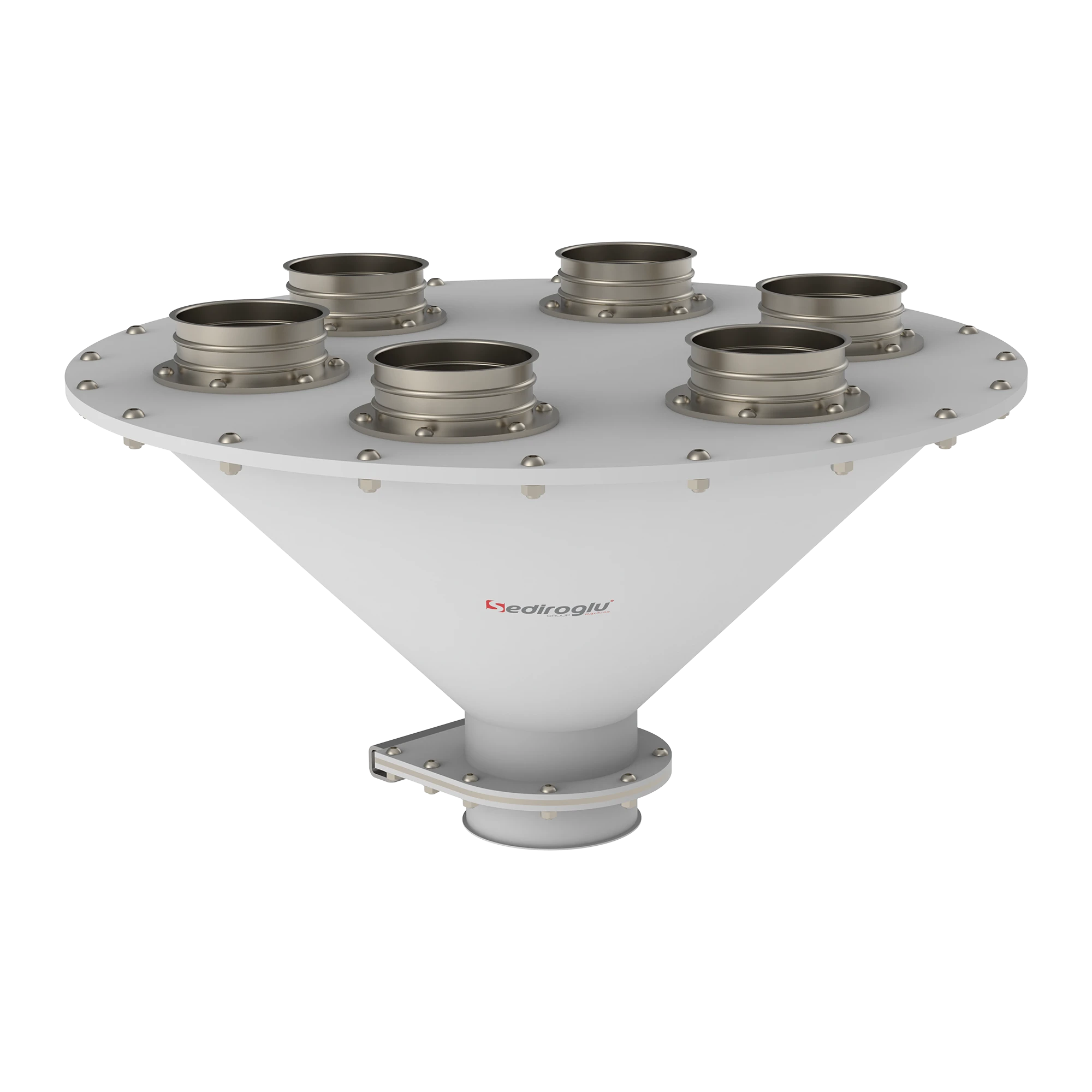 Single discharge outlet ensuring controlled material flow
