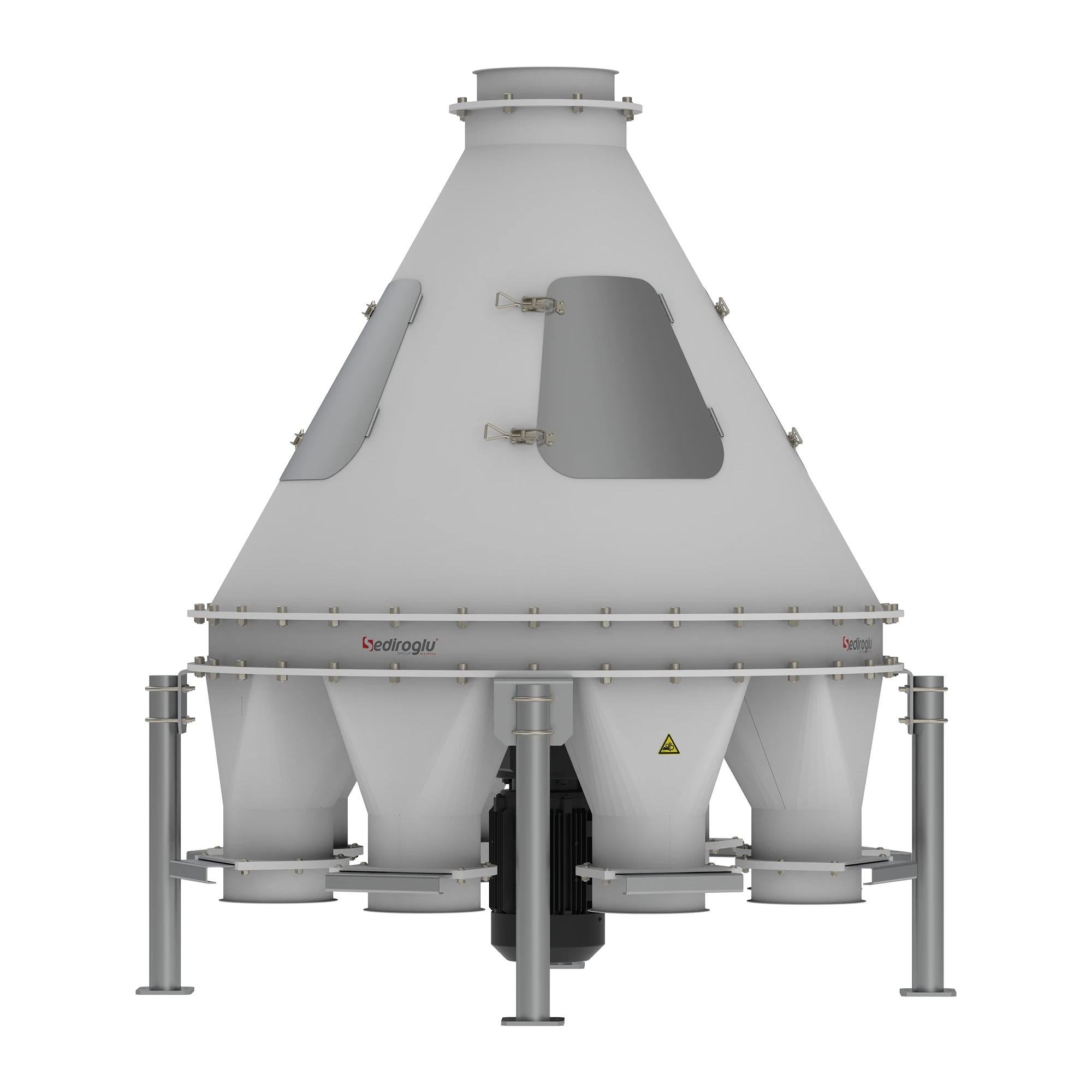 Detailed view of the top product inlet of the Flour Distributor 8 Outlets, ensuring smooth and controlled material entry.