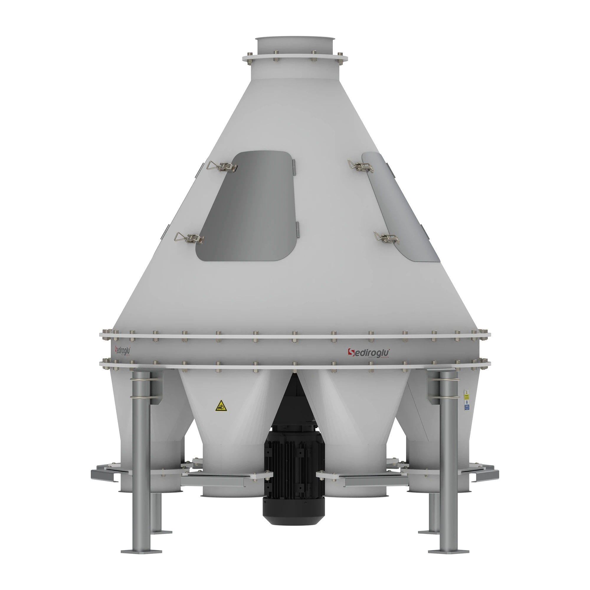 Internal rotary flap mechanism that distributes flour evenly to all eight outlets with precise sequential rotation.
