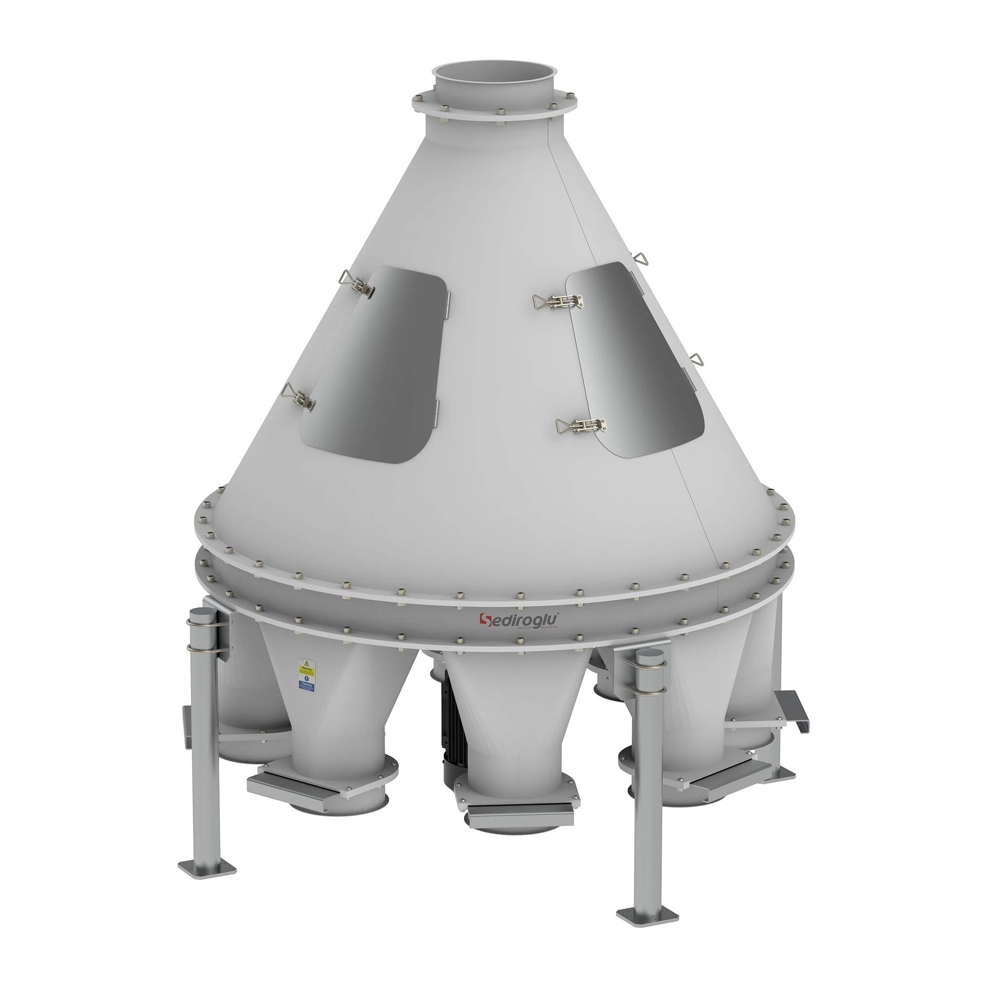 Flour Distributor 8 Outlets mounted on a square plansifter, demonstrating accurate alignment with sieve inlets.