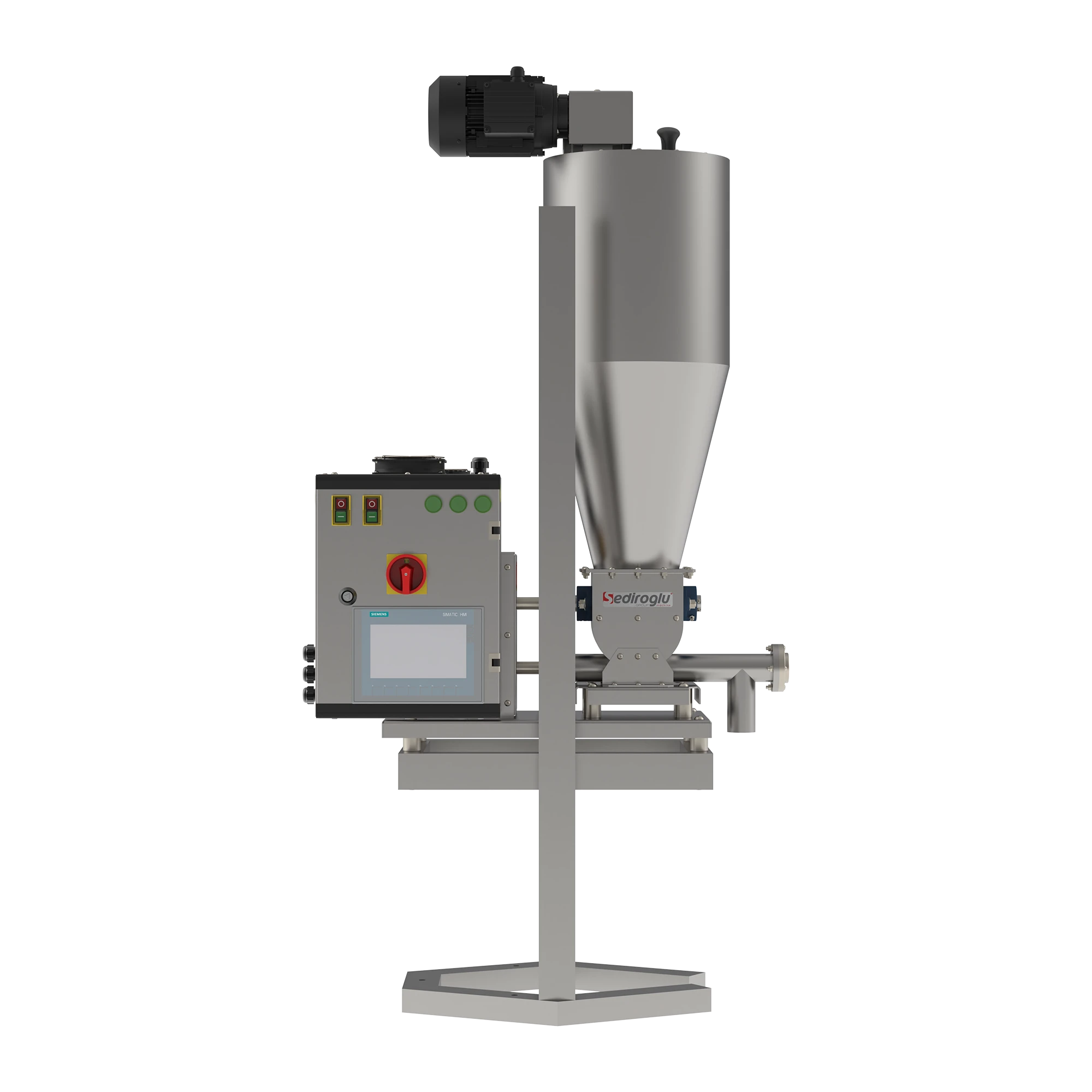 Efficient dosing of powdered and granular additives in continuous food processing lines.