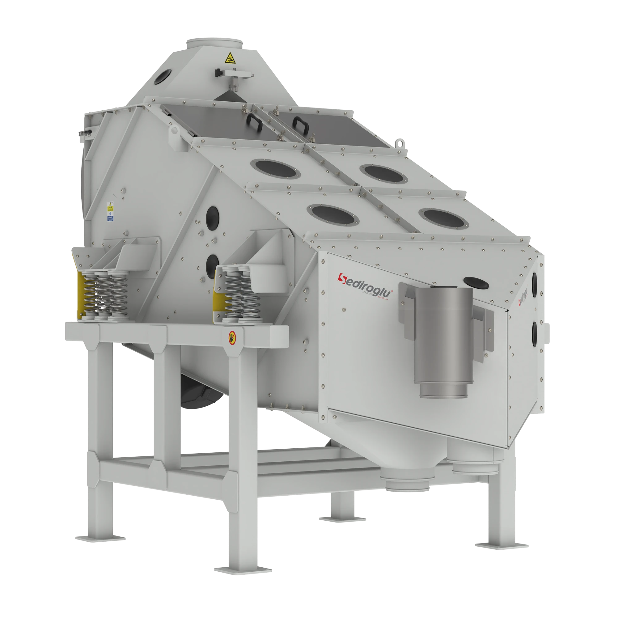 Pellet screening equipment integrated into industrial feed production lines for pellet quality control.