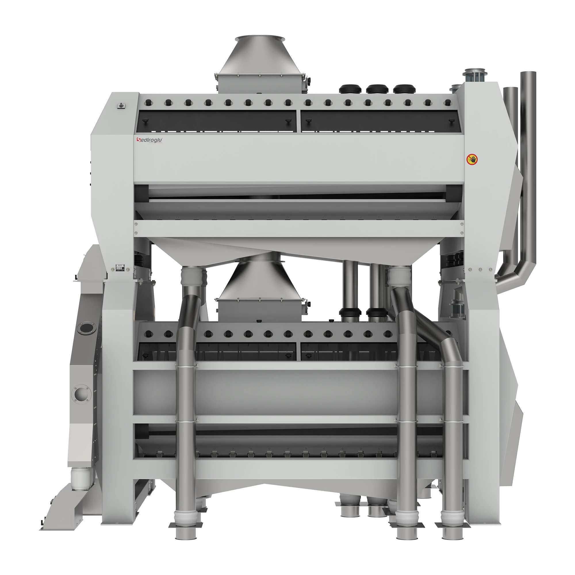 Aluminum sieve frames in Semolina Purifier 100 delivering precise semolina classification in grain processing facilities.