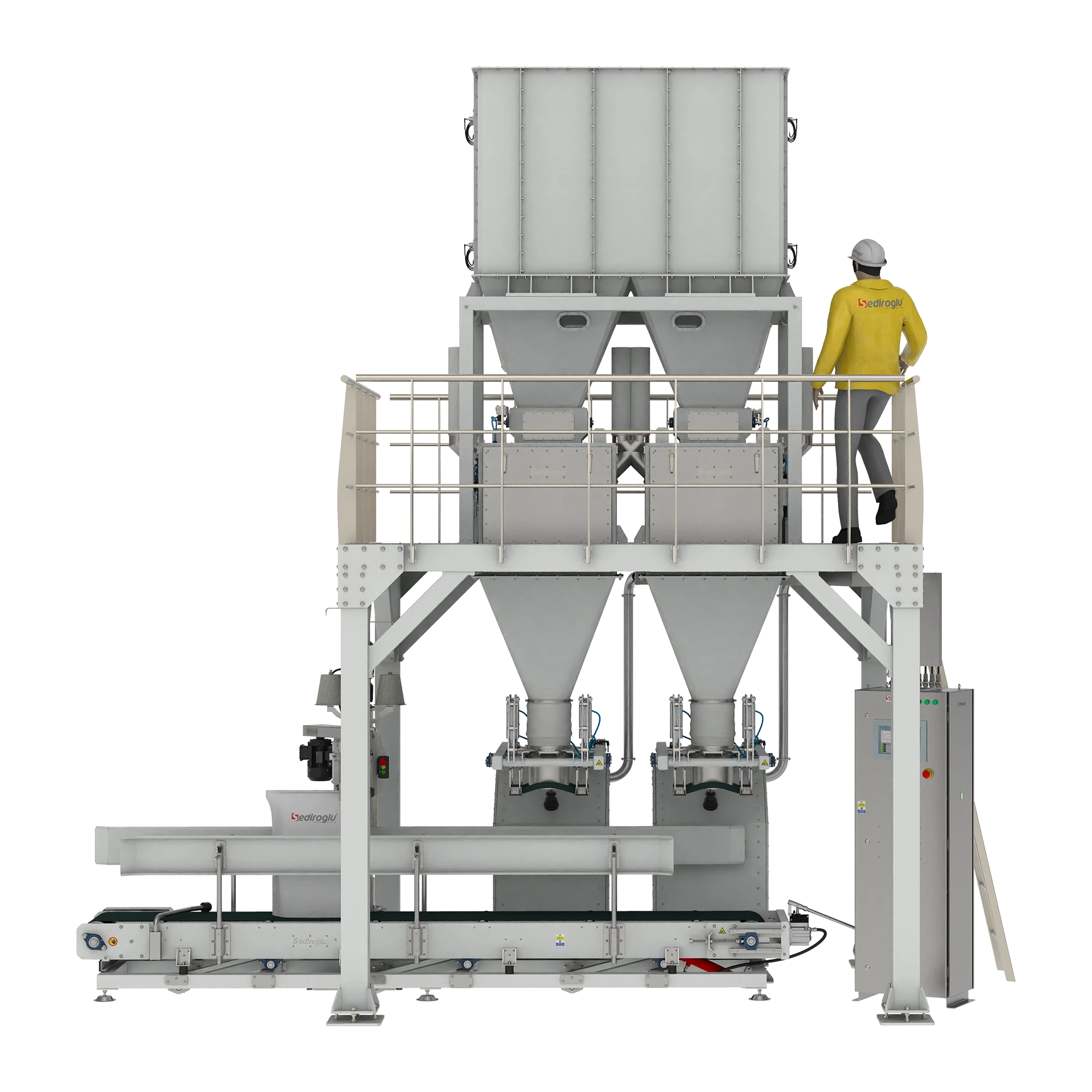 Dual independent weighing units allow simultaneous processing of different products with high accuracy and stable performance.