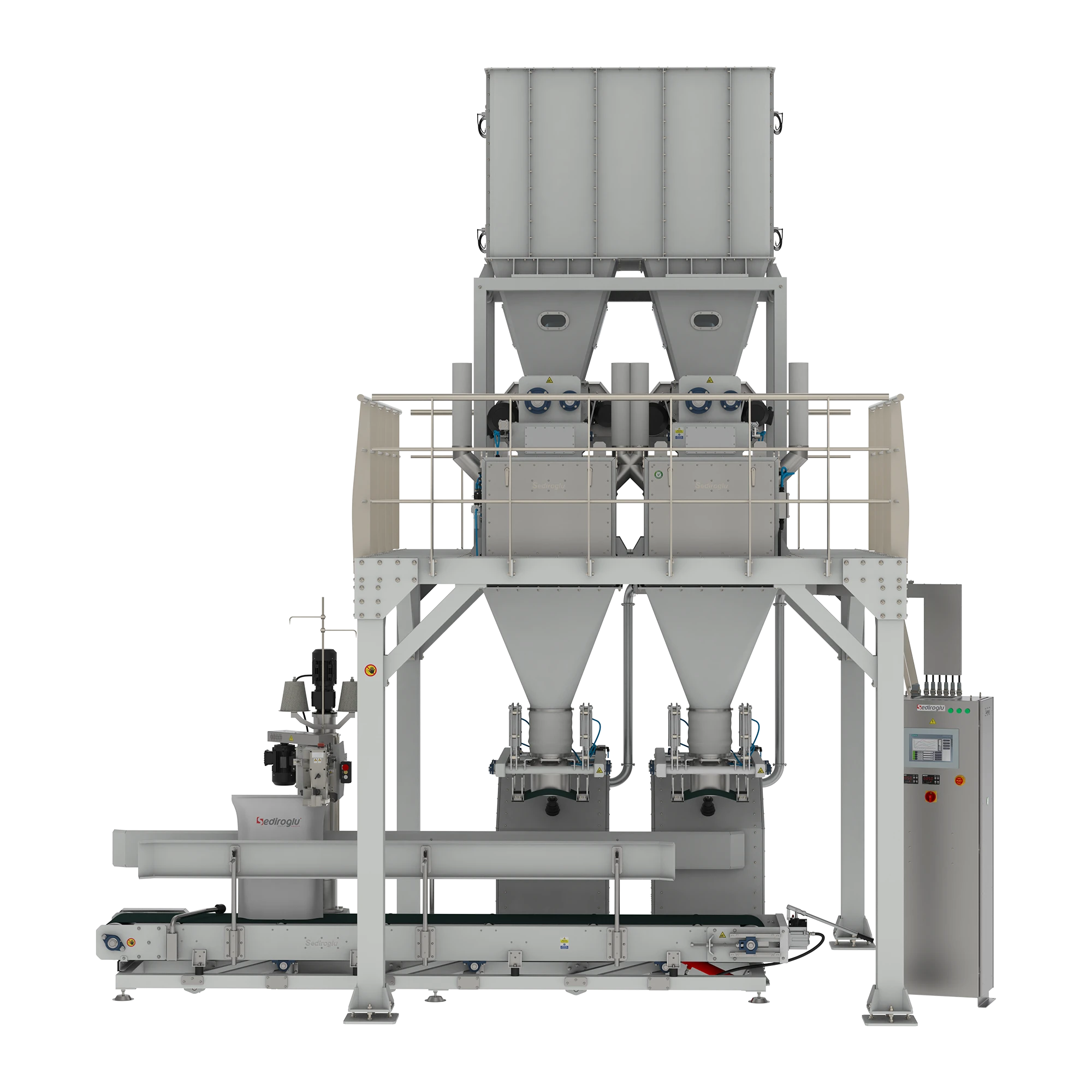 Dual output system allows two bags to be filled simultaneously, increasing operational efficiency.