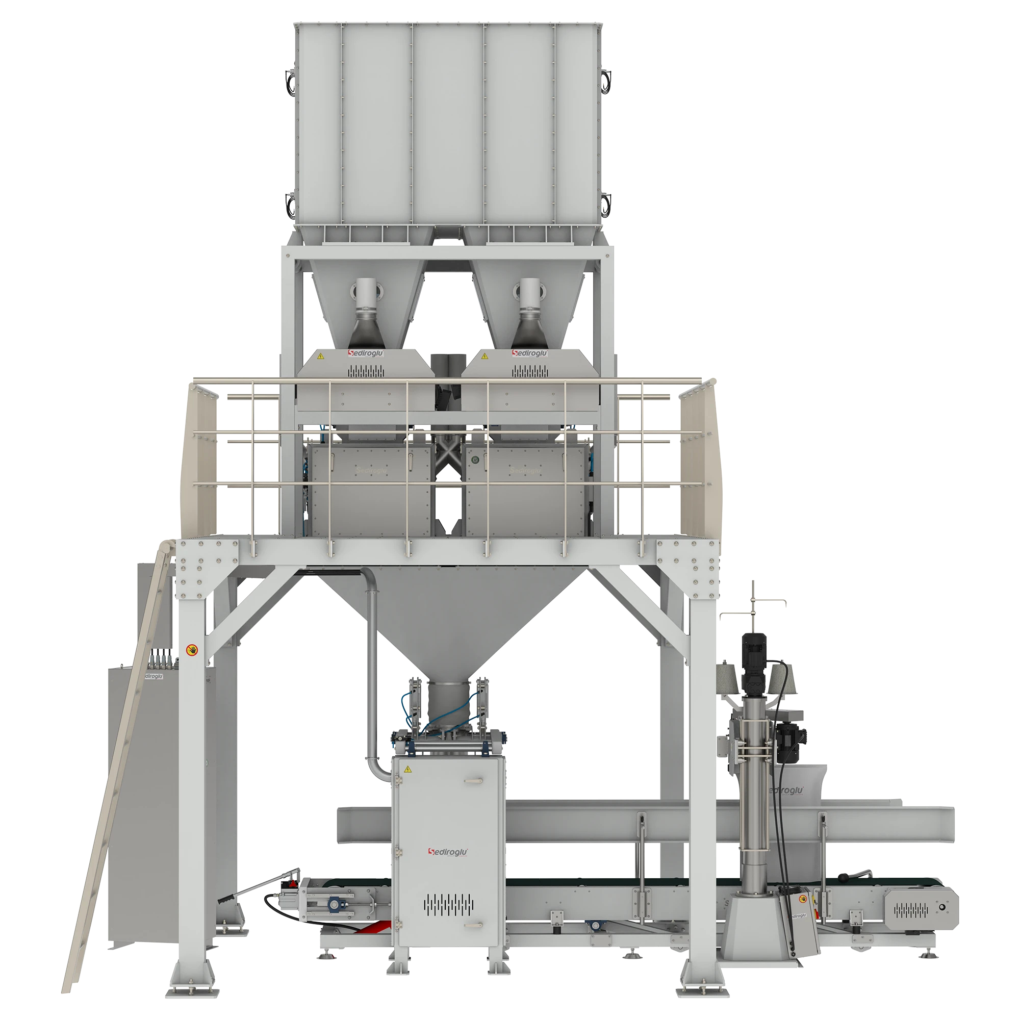 Integrated conveyor system supports smooth bag transport and continuous production flow.