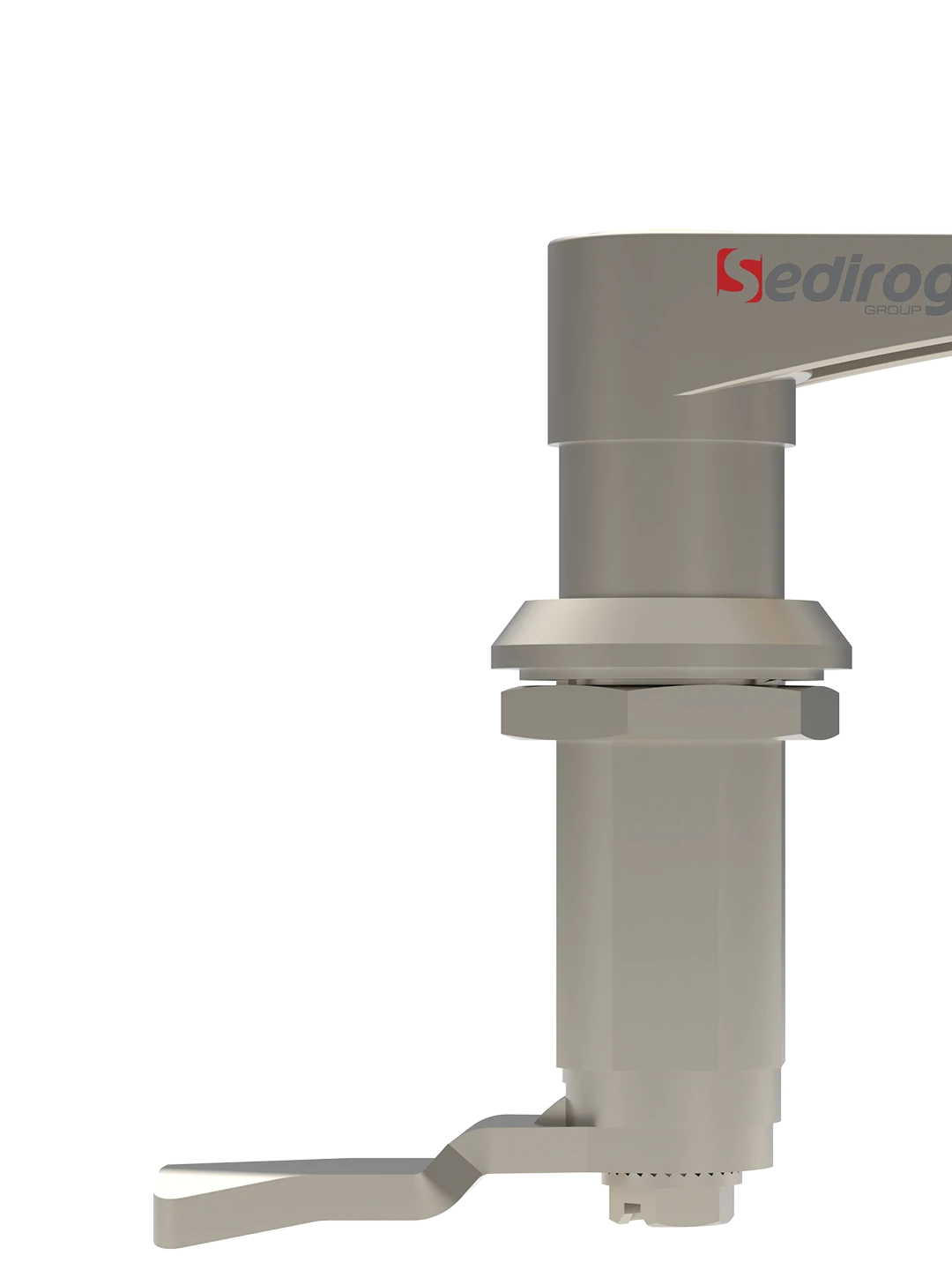 Front view of lockable hinged latch handle with key lock.