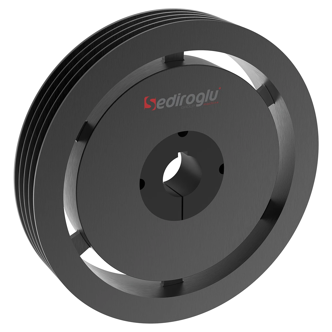 Side view showing precision-machined V-belt grooves