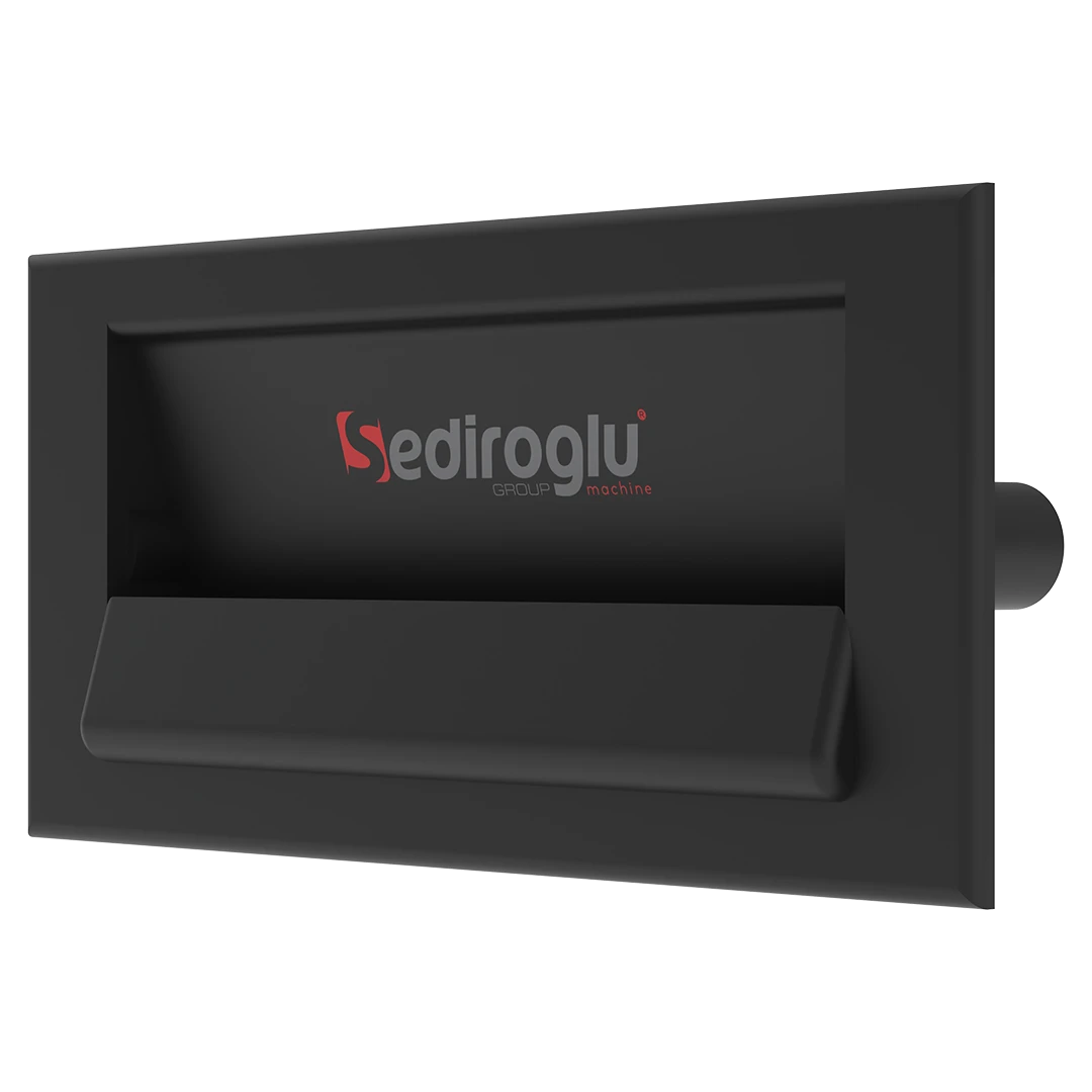 Side profile highlighting rectangular recessed structure integrated into machine cover