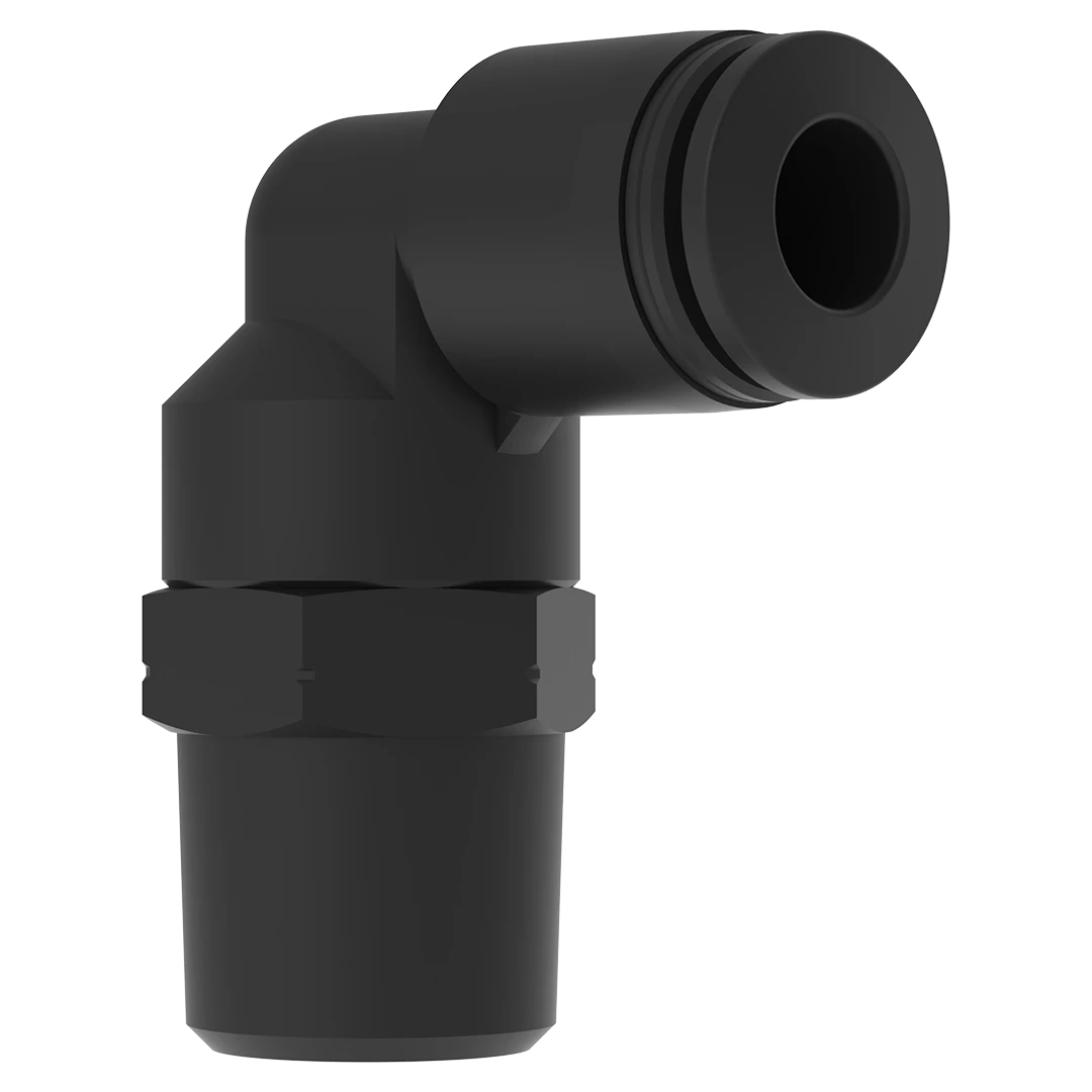 Side view showing compact L-shaped pneumatic connection design