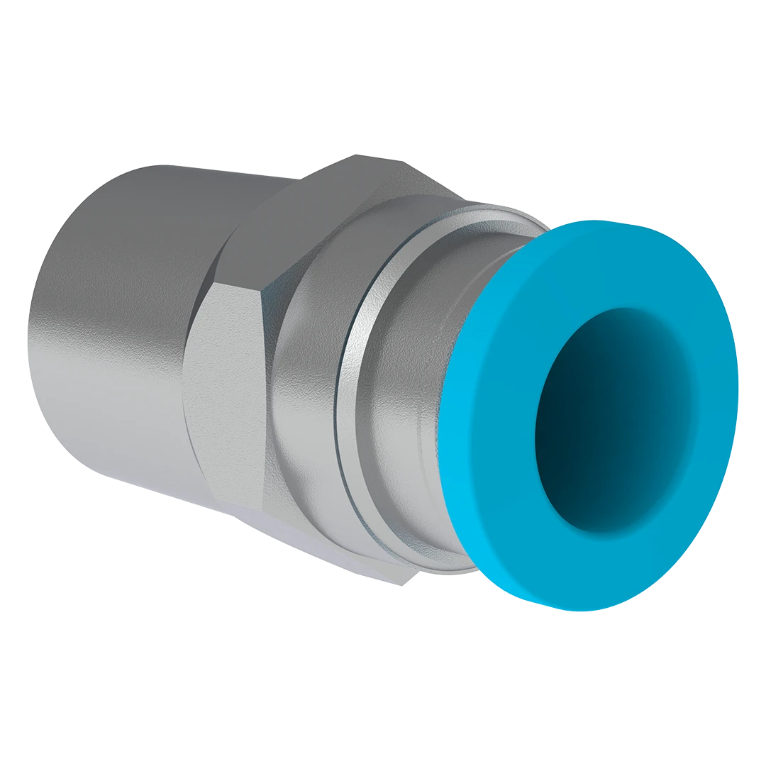 Front view of push-in pneumatic fitting designed for fast air tube connection in feed factories and galeta production lines