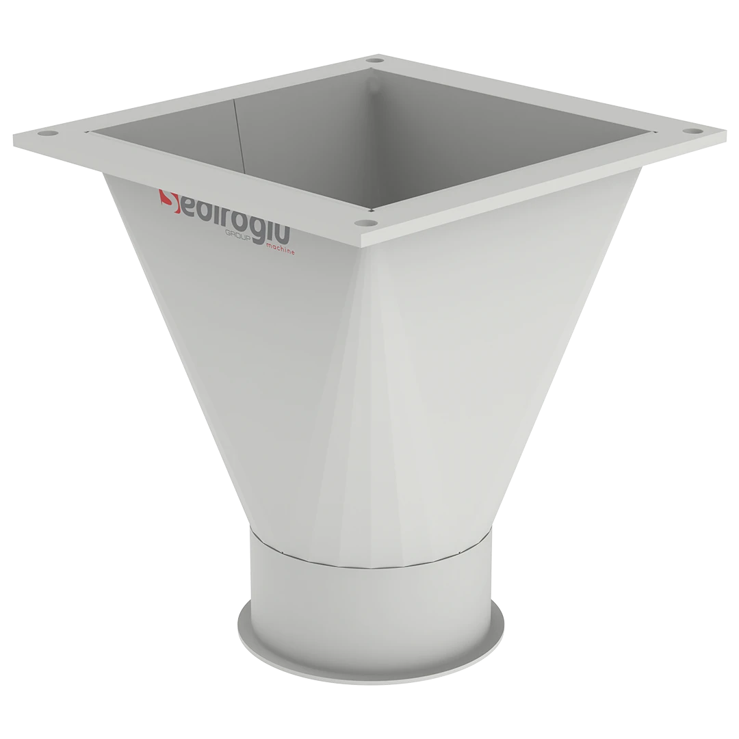 Side profile of flanged discharge hopper connected to Rotary Airlock Valve.
