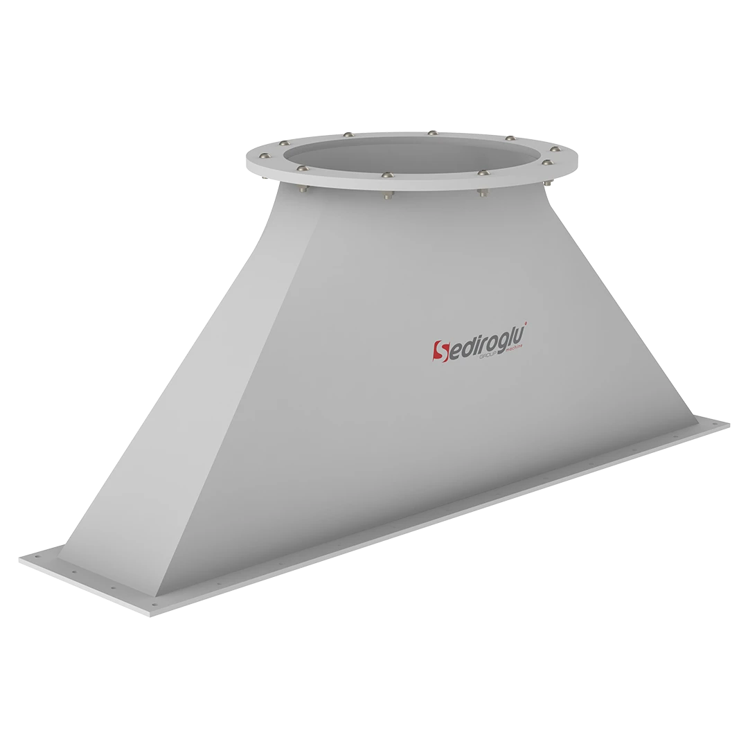 Side profile of aspiration outlet bunker spare part highlighting durable construction and optimized design for smooth airflow transition