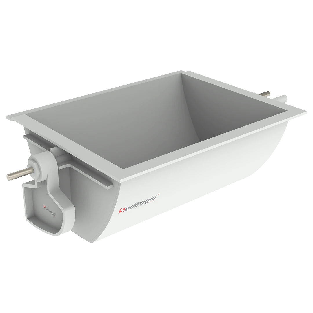 Tilting type PP 250 elevator bucket with rotation mechanism for controlled discharge of fragile materials