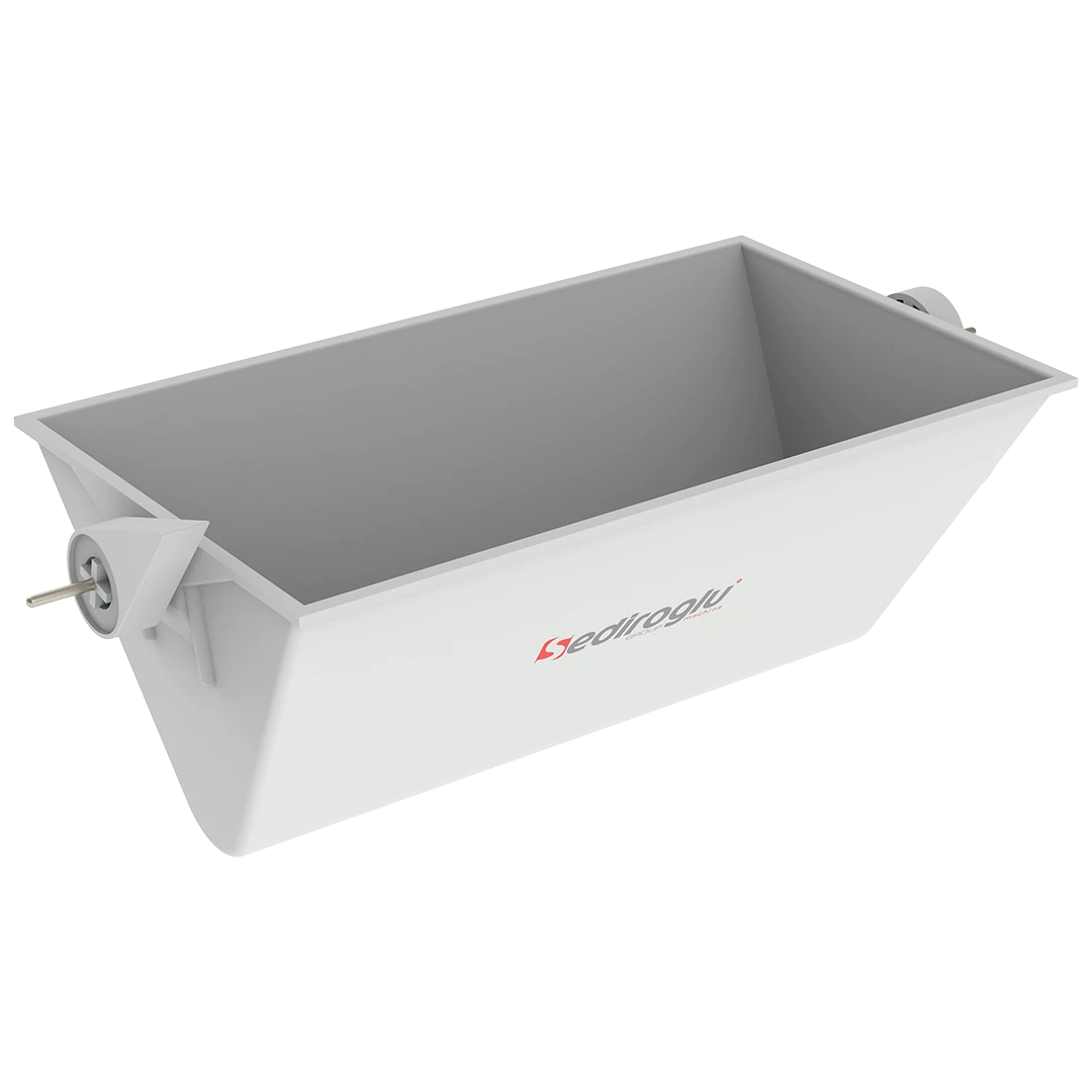 Tilting type PP 380 elevator bucket with rotation mechanism for controlled discharge of fragile materials in conveyor systems