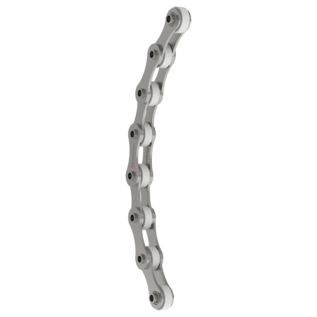 Installed chain with plastic rollers provides quiet operation and continuous material transport in industrial conveyor environments